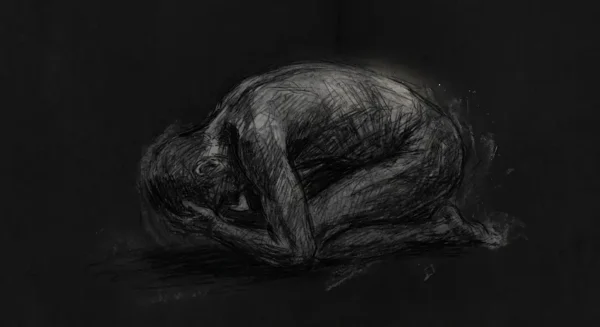 Dessin au crayon et fusain sur fond noir représentant une silhouette repliée en position fœtale, évoquant la prostration et l'isolement en hôpital psychiatrique.