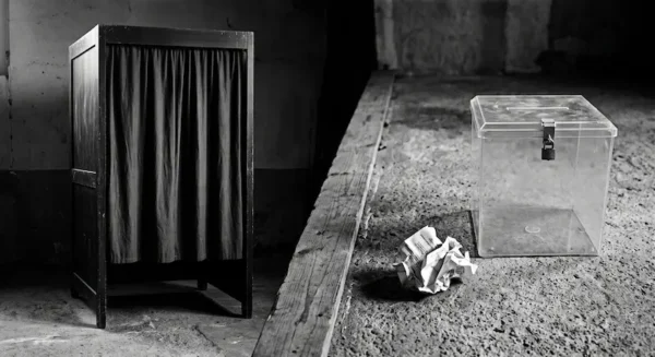 Photographie épurée en noir et blanc présentant un isoloir au rideau tiré et, séparés par une poutre en bois au sol, une urne transparente sans inscription avec un bulletin de vote froissé abandonné par terre.