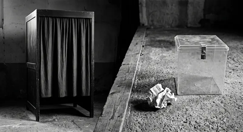 Photographie épurée en noir et blanc présentant un isoloir au rideau tiré et, séparés par une poutre en bois au sol, une urne transparente sans inscription avec un bulletin de vote froissé abandonné par terre.