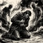 Illustration sombre au fusain d'une silhouette prostrée au sol dans l'obscurité, entourée de traits de fusain chaotiques et de fumée.