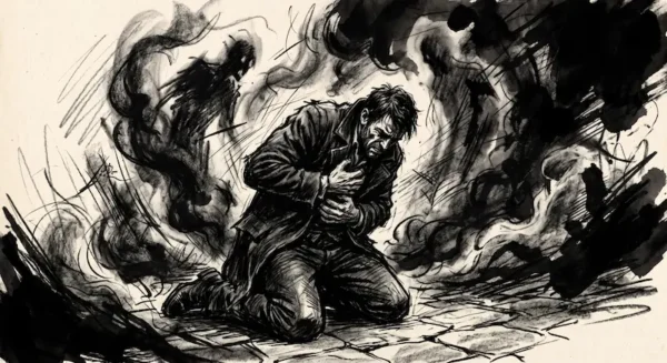 Illustration sombre au fusain d'une silhouette prostrée au sol dans l'obscurité, entourée de traits de fusain chaotiques et de fumée.