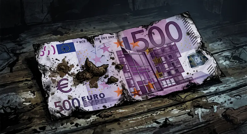 Argent sale, très sale, Illustration au style sombre d'un billet de 500 euros froissé, brûlé sur les contours et souillé de détritus sur un plancher en bois délabré.