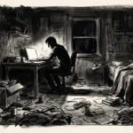 Illustration sombre au fusain d'une chambre au sol jonché de papiers et d'objets, éclairée par la seule lumière d'un écran d'ordinateur à 2h du matin.
