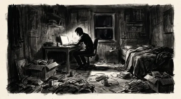 Illustration sombre au fusain d'une chambre au sol jonché de papiers et d'objets, éclairée par la seule lumière d'un écran d'ordinateur à 2h du matin.