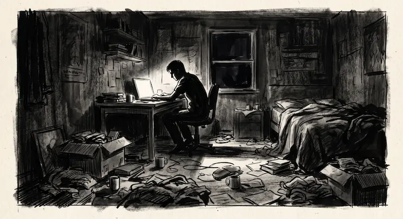 Illustration sombre au fusain d'une chambre au sol jonché de papiers et d'objets, éclairée par la seule lumière d'un écran d'ordinateur à 2h du matin.