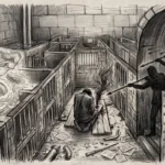 Un dessin au crayon noir et fusain au style sombre et surréaliste. Au centre, un homme vu de dos est agenouillé dans un couloir en pierre aux allures de prison, écrivant frénétiquement sur une feuille d'où s'élève une fumée sombre. À gauche, à travers une arche lumineuse, un tourbillon fait émerger des silhouettes féminines éthérées et dénudées. À droite, sortant d'un tunnel voûté, des silhouettes d'hommes en ombre chinoise pointent de longues piques vers le personnage. Le sol délabré est jonché de papiers éparpillés et de tuyaux, entouré de barreaux de cellules et d'une lourde porte blindée au premier plan.