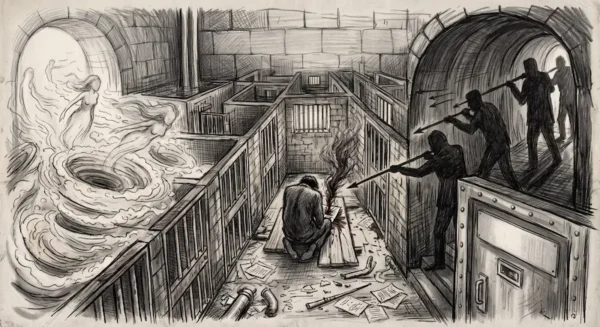 Un dessin au crayon noir et fusain au style sombre et surréaliste. Au centre, un homme vu de dos est agenouillé dans un couloir en pierre aux allures de prison, écrivant frénétiquement sur une feuille d'où s'élève une fumée sombre. À gauche, à travers une arche lumineuse, un tourbillon fait émerger des silhouettes féminines éthérées et dénudées. À droite, sortant d'un tunnel voûté, des silhouettes d'hommes en ombre chinoise pointent de longues piques vers le personnage. Le sol délabré est jonché de papiers éparpillés et de tuyaux, entouré de barreaux de cellules et d'une lourde porte blindée au premier plan.