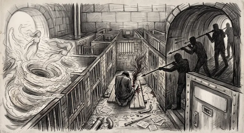 Un dessin au crayon noir et fusain au style sombre et surréaliste. Au centre, un homme vu de dos est agenouillé dans un couloir en pierre aux allures de prison, écrivant frénétiquement sur une feuille d'où s'élève une fumée sombre. À gauche, à travers une arche lumineuse, un tourbillon fait émerger des silhouettes féminines éthérées et dénudées. À droite, sortant d'un tunnel voûté, des silhouettes d'hommes en ombre chinoise pointent de longues piques vers le personnage. Le sol délabré est jonché de papiers éparpillés et de tuyaux, entouré de barreaux de cellules et d'une lourde porte blindée au premier plan.