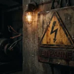 Une photographie rapprochée et atmosphérique d'un boîtier de distribution électrique industriel fortement corrodé, monté sur un mur de béton rugueux et humide dans une usine abandonnée et sombre. Le boîtier en métal vieilli comporte un grand panneau triangulaire jaune écaillé avec un symbole d'éclair noir pointant vers le bas. En dessous, une plaque métallique rivetée porte le texte français 'EN PANNE' en capitales. Un luminaire industriel de style Edison avec une grille de protection est monté au-dessus. À gauche, des câbles dénudés et effilochés dépassent, et dans l'arrière-plan flou et sombre, on distingue des machines industrielles lourdes. L'éclairage est dramatique, créant des ombres profondes.