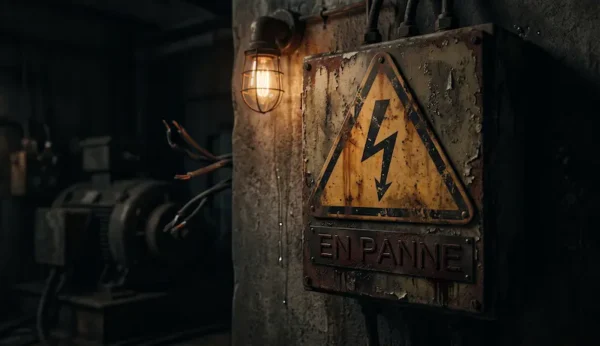 Une photographie rapprochée et atmosphérique d'un boîtier de distribution électrique industriel fortement corrodé, monté sur un mur de béton rugueux et humide dans une usine abandonnée et sombre. Le boîtier en métal vieilli comporte un grand panneau triangulaire jaune écaillé avec un symbole d'éclair noir pointant vers le bas. En dessous, une plaque métallique rivetée porte le texte français 'EN PANNE' en capitales. Un luminaire industriel de style Edison avec une grille de protection est monté au-dessus. À gauche, des câbles dénudés et effilochés dépassent, et dans l'arrière-plan flou et sombre, on distingue des machines industrielles lourdes. L'éclairage est dramatique, créant des ombres profondes.