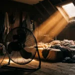 Photo sombre en contre-jour d'une chambre sous les toits étouffante, avec la silhouette d'un ventilateur industriel et un rayon de lumière chaude traversant la fenêtre.Photo sombre en contre-jour d'une chambre sous les toits étouffante, avec la silhouette d'un ventilateur industriel et un rayon de lumière chaude traversant la fenêtre.