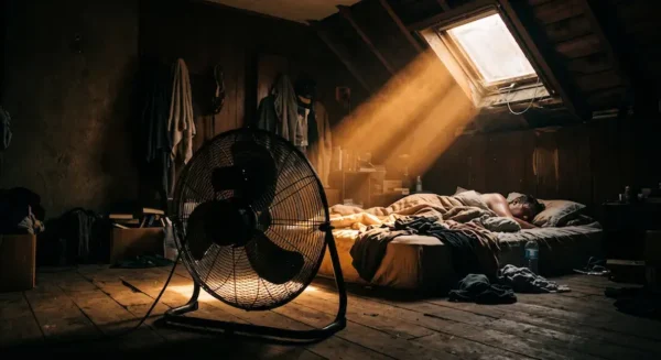 Photo sombre en contre-jour d'une chambre sous les toits étouffante, avec la silhouette d'un ventilateur industriel et un rayon de lumière chaude traversant la fenêtre.Photo sombre en contre-jour d'une chambre sous les toits étouffante, avec la silhouette d'un ventilateur industriel et un rayon de lumière chaude traversant la fenêtre.
