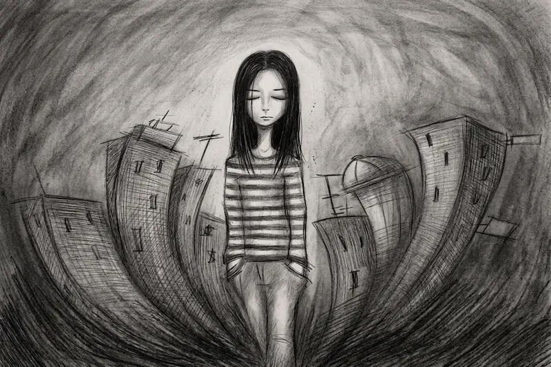 Illustration au fusain d'une jeune fille mélancolique, debout, les yeux fermés et les mains dans les poches, entourée d'un paysage urbain déformé et tordu.