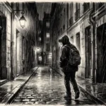 Illustration sombre au fusain représentant un adolescent solitaire marchant sous la pluie dans une ruelle parisienne, silhouettes d'immeubles et ombres étirées.