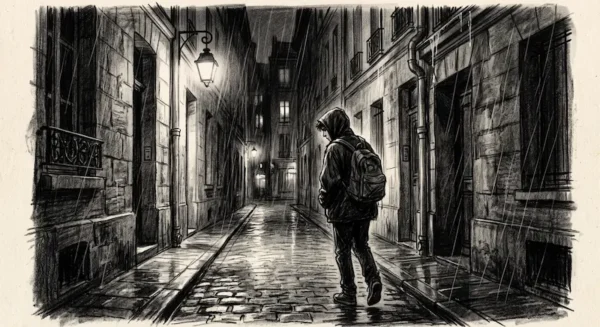 Illustration sombre au fusain représentant un adolescent solitaire marchant sous la pluie dans une ruelle parisienne, silhouettes d'immeubles et ombres étirées.