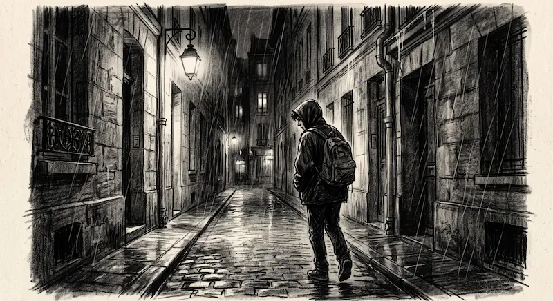 Illustration sombre au fusain représentant un adolescent solitaire marchant sous la pluie dans une ruelle parisienne, silhouettes d'immeubles et ombres étirées.