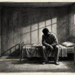 Illustration sombre au fusain d'un couloir d'hôpital psychiatrique austère avec une silhouette solitaire assise au bord d'un lit médicalisé.