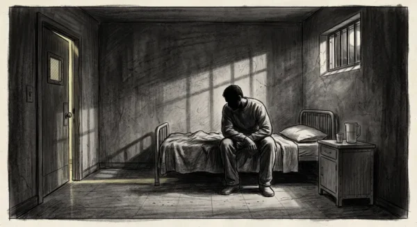 Illustration sombre au fusain d'un couloir d'hôpital psychiatrique austère avec une silhouette solitaire assise au bord d'un lit médicalisé.