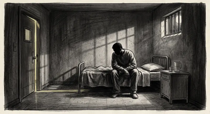 Illustration sombre au fusain d'un couloir d'hôpital psychiatrique austère avec une silhouette solitaire assise au bord d'un lit médicalisé.