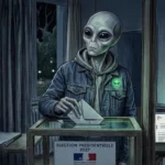 Illustration détaillée de style bande dessinée de nuit montrant un alien gris (extraterrestre) portant un sweat à capuche et une veste en jean. Il insère une enveloppe de vote dans une urne transparente qui porte un panneau indiquant 'ELECTION PRESIDENTIELLE 2027' avec un logo Marianne (République Française). L'aliène a un air sérieux et un badge alien vert lumineux sur sa veste. Par une fenêtre à gauche, on aperçoit le panneau extérieur de la 'CLINIQUE DE LA BORDE - PSYCHOTHERAPIE INSTITUTIONNELLE' devant un château sombre. À droite, un bureau avec un drapeau français, un écran d'ordinateur affichant des logos UDAF et GDF, et des panneaux muraux UDAF.