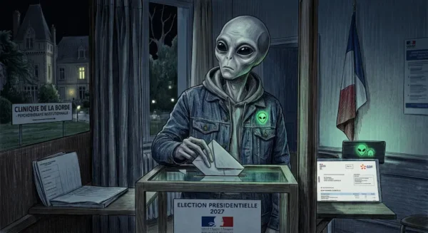 Illustration détaillée de style bande dessinée de nuit montrant un alien gris (extraterrestre) portant un sweat à capuche et une veste en jean. Il insère une enveloppe de vote dans une urne transparente qui porte un panneau indiquant 'ELECTION PRESIDENTIELLE 2027' avec un logo Marianne (République Française). L'aliène a un air sérieux et un badge alien vert lumineux sur sa veste. Par une fenêtre à gauche, on aperçoit le panneau extérieur de la 'CLINIQUE DE LA BORDE - PSYCHOTHERAPIE INSTITUTIONNELLE' devant un château sombre. À droite, un bureau avec un drapeau français, un écran d'ordinateur affichant des logos UDAF et GDF, et des panneaux muraux UDAF.