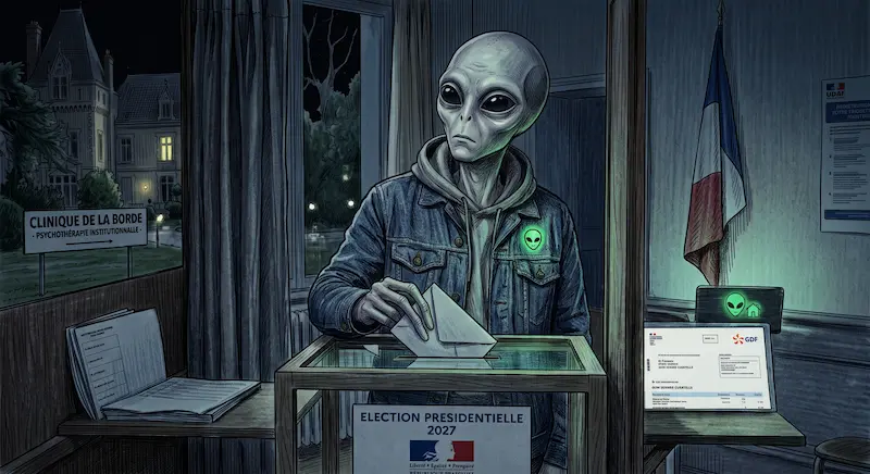 Illustration détaillée de style bande dessinée de nuit montrant un alien gris (extraterrestre) portant un sweat à capuche et une veste en jean. Il insère une enveloppe de vote dans une urne transparente qui porte un panneau indiquant 'ELECTION PRESIDENTIELLE 2027' avec un logo Marianne (République Française). L'aliène a un air sérieux et un badge alien vert lumineux sur sa veste. Par une fenêtre à gauche, on aperçoit le panneau extérieur de la 'CLINIQUE DE LA BORDE - PSYCHOTHERAPIE INSTITUTIONNELLE' devant un château sombre. À droite, un bureau avec un drapeau français, un écran d'ordinateur affichant des logos UDAF et GDF, et des panneaux muraux UDAF.
