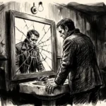 Illustration sombre au fusain d'un homme face à son reflet déformé dans un miroir fêlé, baigné d'ombres.