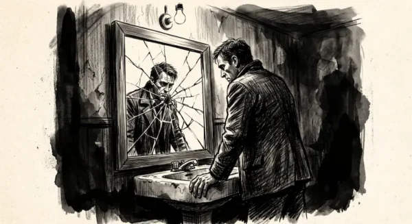 Illustration sombre au fusain d'un homme face à son reflet déformé dans un miroir fêlé, baigné d'ombres.