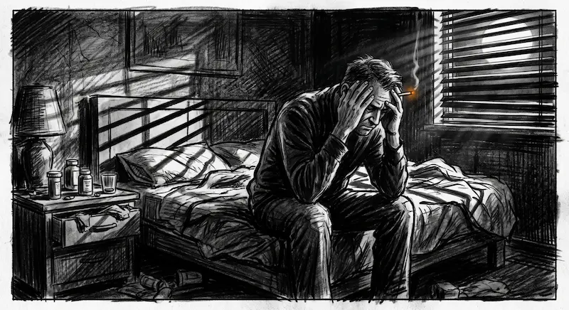 Illustration sombre au fusain d'une silhouette assise au bord du lit la nuit, tenant une cigarette éclairée au milieu de flacons de médicaments et d'ombres menaçantes.