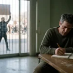 Photo sombre d'un homme écrivant à une table dans une chambre d'hôpital psychiatrique, avec à travers la fenêtre la silhouette floue d'un manifestant à l'extérieur.
