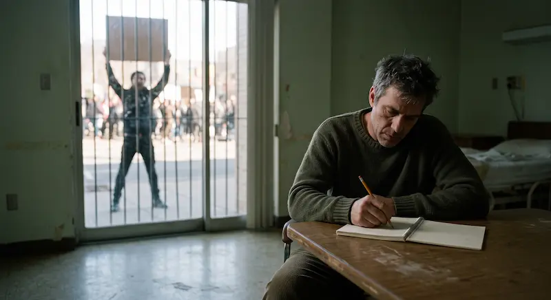 Photo sombre d'un homme écrivant à une table dans une chambre d'hôpital psychiatrique, avec à travers la fenêtre la silhouette floue d'un manifestant à l'extérieur.
