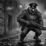 Illustration sombre d'un poulet humanoïde imposant en uniforme de police tactique, le regard dur sous son képi, dans une ruelle nocturne et poisseuse.