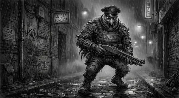 Illustration sombre d'un poulet humanoïde imposant en uniforme de police tactique, le regard dur sous son képi, dans une ruelle nocturne et poisseuse.