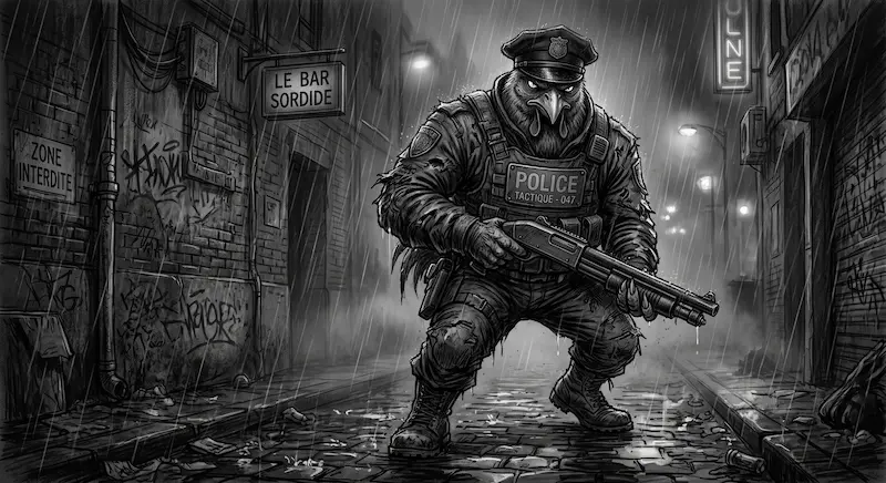 Illustration sombre d'un poulet humanoïde imposant en uniforme de police tactique, le regard dur sous son képi, dans une ruelle nocturne et poisseuse.