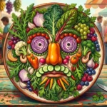 Illustration vive et colorée en pareidolie représentant un visage humain composé de fruits et légumes (poivron orange en guise de nez, tranches de chou rouge pour les yeux, rondelles de concombre et carottes) disposés sur une assiette en bois sur un étal de marché.