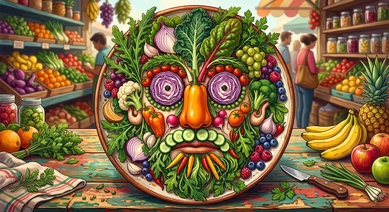 Illustration vive et colorée en pareidolie représentant un visage humain composé de fruits et légumes (poivron orange en guise de nez, tranches de chou rouge pour les yeux, rondelles de concombre et carottes) disposés sur une assiette en bois sur un étal de marché.