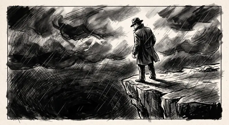 Illustration sombre au fusain d'une silhouette solitaire debout au bord d'une falaise escarpée sous un ciel d'orage.