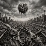 Photographie surréaliste en noir et blanc montrant des rails de train entremêlés dans un décor industriel sombre, avec un violon brisé et du tissu déchiré au premier plan, sous un soleil lourd et fondant suspendu dans le ciel.