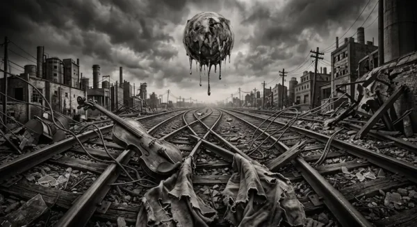 Photographie surréaliste en noir et blanc montrant des rails de train entremêlés dans un décor industriel sombre, avec un violon brisé et du tissu déchiré au premier plan, sous un soleil lourd et fondant suspendu dans le ciel.