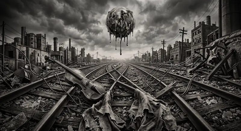 Photographie surréaliste en noir et blanc montrant des rails de train entremêlés dans un décor industriel sombre, avec un violon brisé et du tissu déchiré au premier plan, sous un soleil lourd et fondant suspendu dans le ciel.