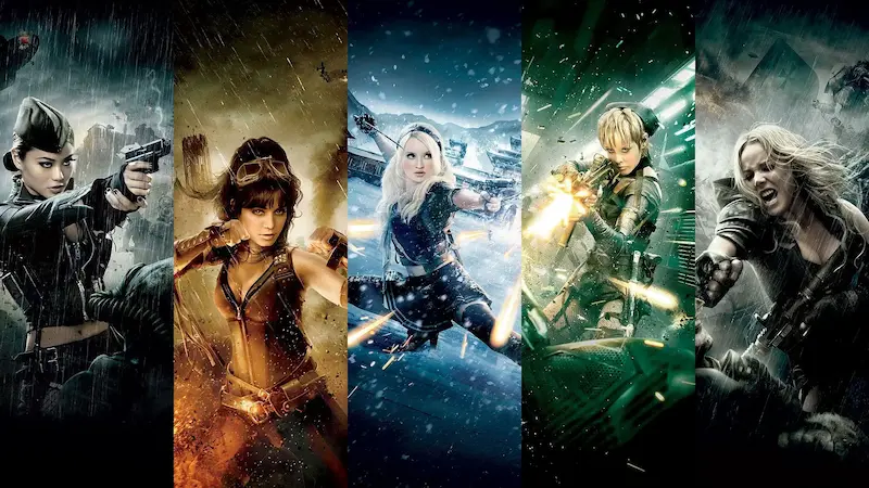 Montage en cinq panneaux des héroïnes du film Sucker Punch de Zack Snyder : Amber, Rocket, Baby Doll, Blondie et Sweet Pea, armées et prêtes au combat dans un univers visuel sombre et stylisé.