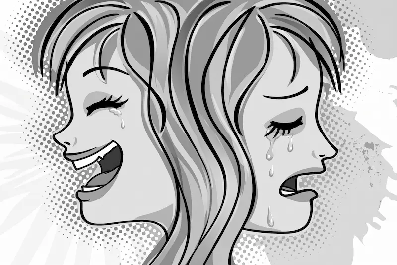 Une illustration graphique en noir et blanc, de style pop-art, montre deux visages de femmes en profil reliés l'un à l'autre par leurs longs cheveux. Le visage de gauche rit à gorge déployée, les yeux plissés avec des larmes de joie. Le visage de droite pleure abondamment, les yeux fermés avec des larmes de tristesse. L'arrière-plan est composé de motifs de trame de demi-teintes (points pop-art) et d'éclaboussures d'encre.