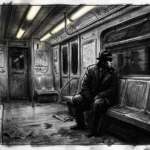 Illustration sombre au fusain d'un wagon de métro nocturne désert avec des ombres étirées et une silhouette assise.