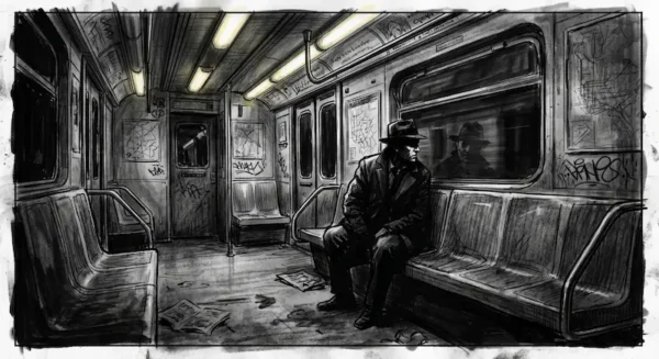 Illustration sombre au fusain d'un wagon de métro nocturne désert avec des ombres étirées et une silhouette assise.