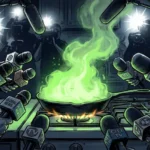 Illustration éditoriale sombre montrant une poêle à frire sur une cuisinière dégageant une épaisse vapeur verte toxique et fluorescente, entourée de microphones de télévision agressifs et de flashs d'appareils photo dans une ambiance journalistique dramatique.
