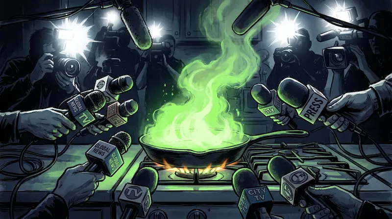 Illustration éditoriale sombre montrant une poêle à frire sur une cuisinière dégageant une épaisse vapeur verte toxique et fluorescente, entourée de microphones de télévision agressifs et de flashs d'appareils photo dans une ambiance journalistique dramatique.