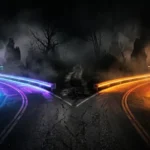 Illustration conceptuelle d'une route séparée en deux voies lumineuses, traversée au centre par un chemin sombre et indépendant.