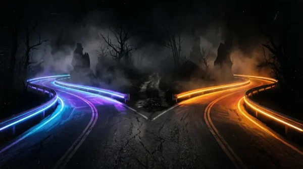 Illustration conceptuelle d'une route séparée en deux voies lumineuses, traversée au centre par un chemin sombre et indépendant.