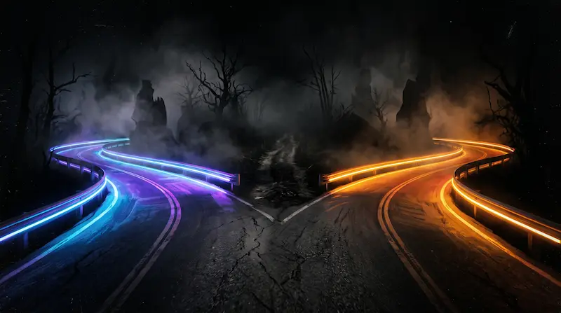 Illustration conceptuelle d'une route séparée en deux voies lumineuses, traversée au centre par un chemin sombre et indépendant.