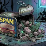 Illustration d'une boîte de conserve de SPAM ouverte laissant s'échapper du jambon reconstitué et des circuits imprimés.